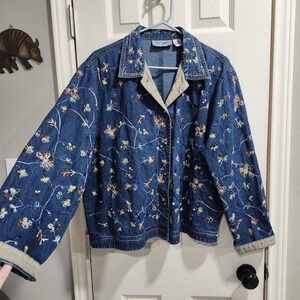 Vintage Jane Ashley Floral Embroidered Denim Button Up Jacket Women's Large